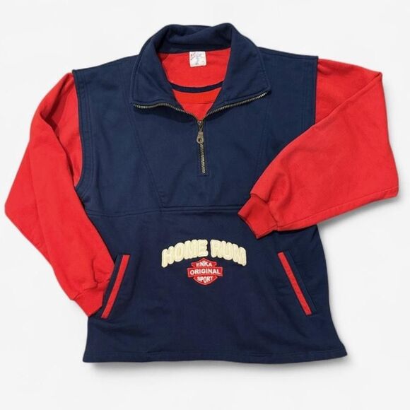 Vintage 90s Sport Sweatshirt Quarter Zip Fleece Mens 38 M Navy Red Made in USA - Picture 1 of 10